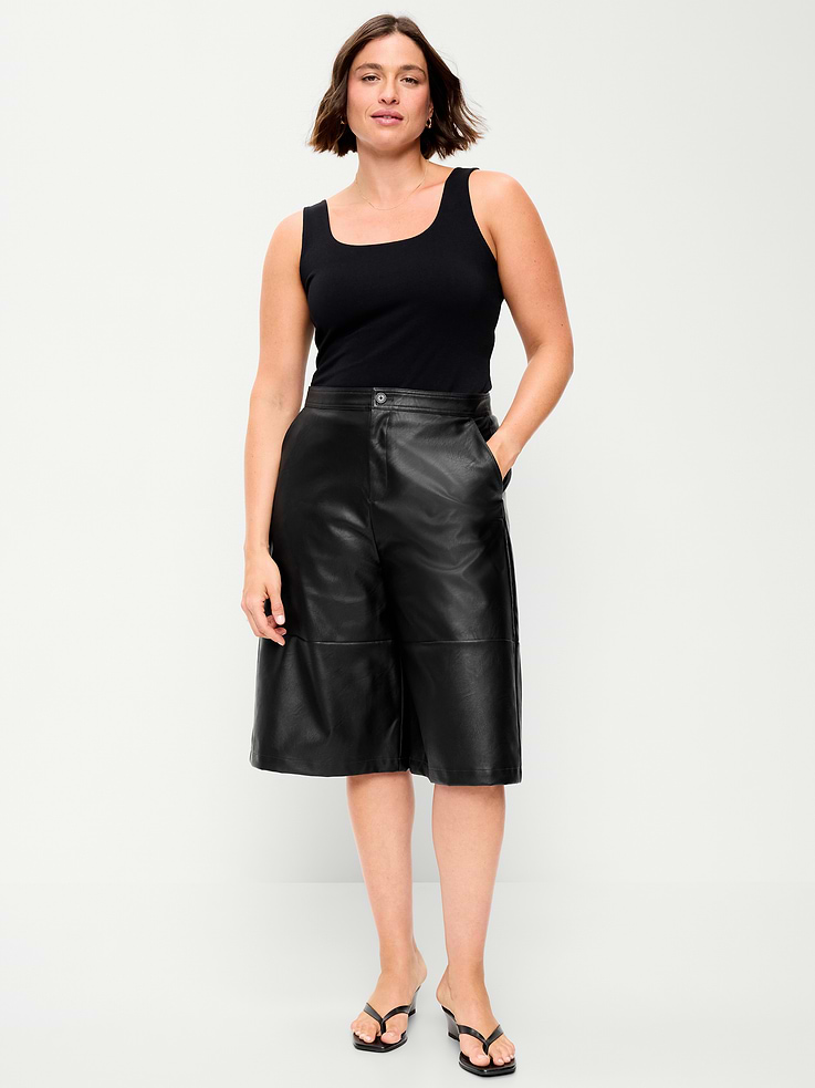 Image number 1 showing, Mid-Rise Faux-Leather Baggy Culottes