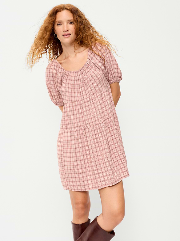 Puff-Sleeve Smocked Mini Swing Dress
