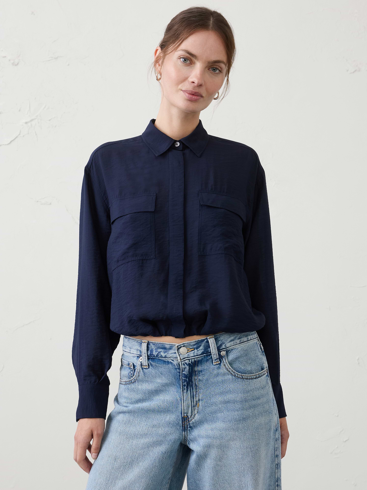 Image number 1 showing, Blouson-Hem Pocket Cropped Shirt