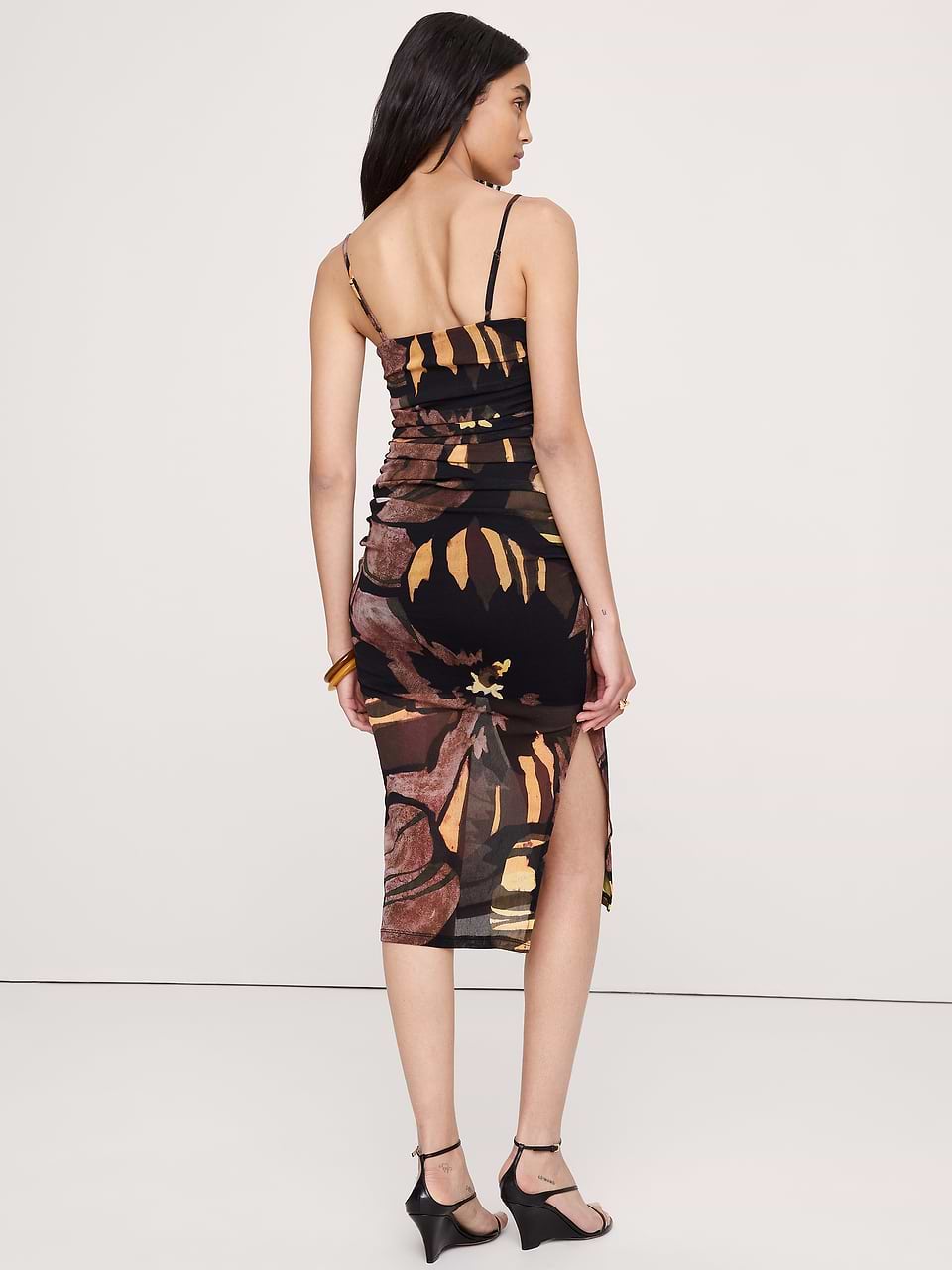 banana republic black and gold dress Women's Ruched Mesh Midi Purple & Floral Size 0 This sleeveless midi dress