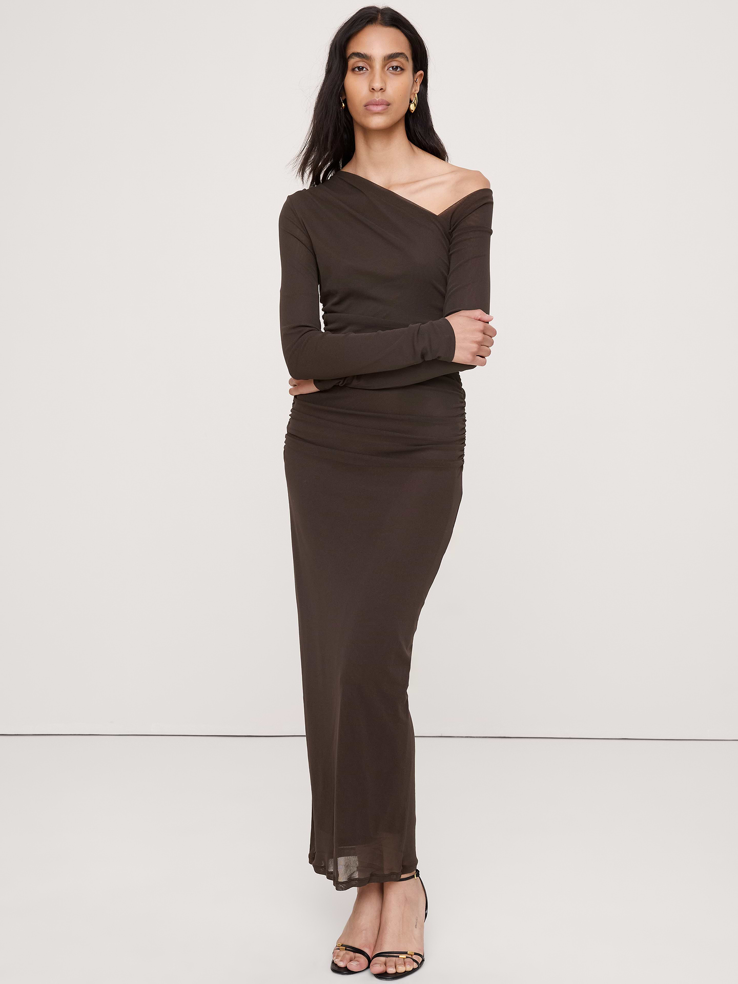 Image number 1 showing, Mesh Asymmetric Ruched Maxi Dress