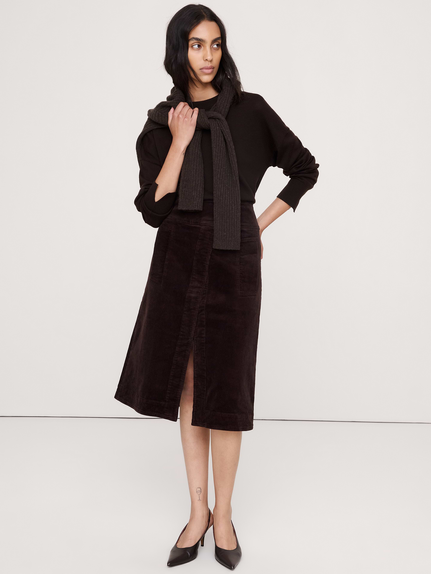 Image number 1 showing, Corduroy Asymmetrical-Slit Midi Skirt