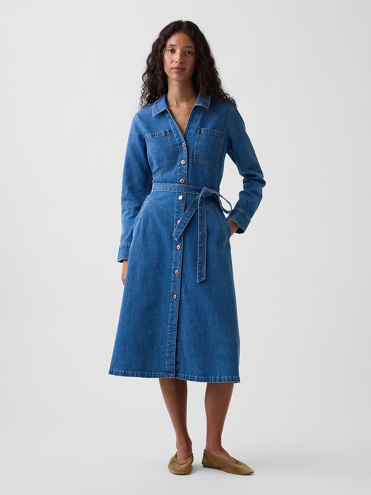 Image number 1 showing, Denim Tie-Belt Midi Shirtdress