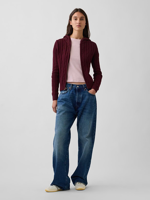 100% Cotton Cable-Knit Zip Cardigan