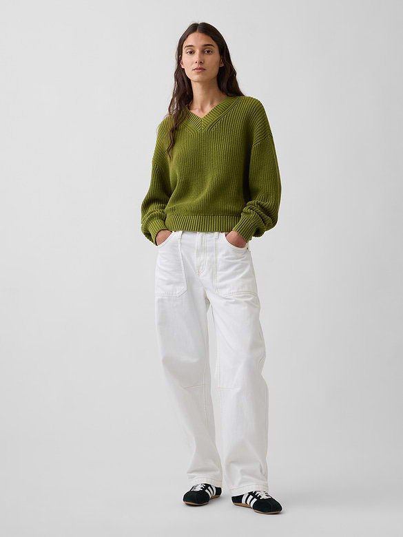 100% Cotton Oversized Shaker V-Neck Sweater