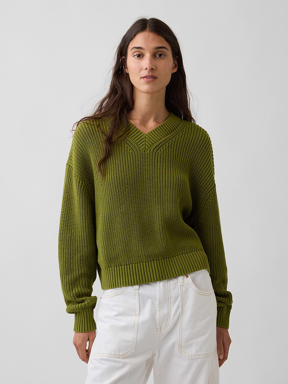 100% Cotton Oversized Shaker V-Neck Sweater