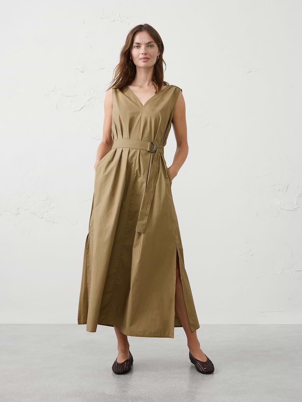 banana republic factory green dress Poplin Belted Maxi Midi dress