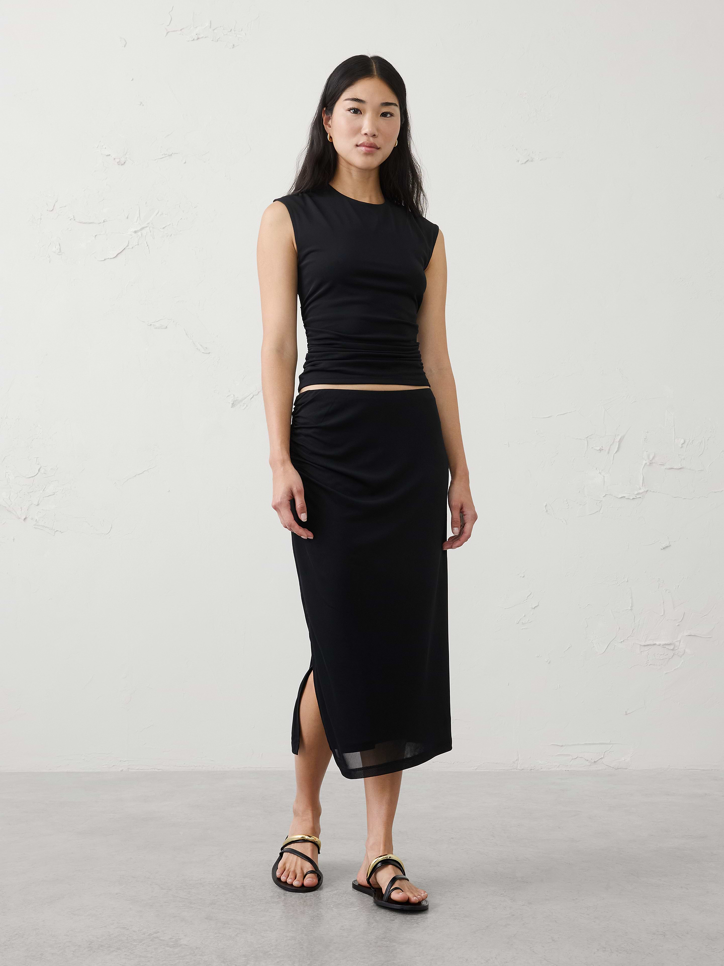Image number 1 showing, Mesh Side-Shirred Midi Skirt