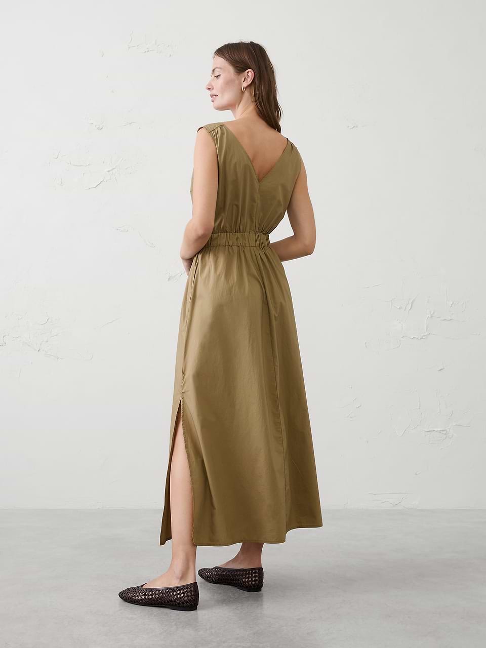 olive green poplin dress Women's Belted Maxi Vintage Petite Size XS Midi dress