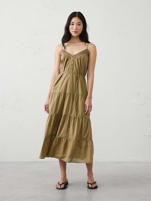Strappy Embroidered Tiered Midi Dress