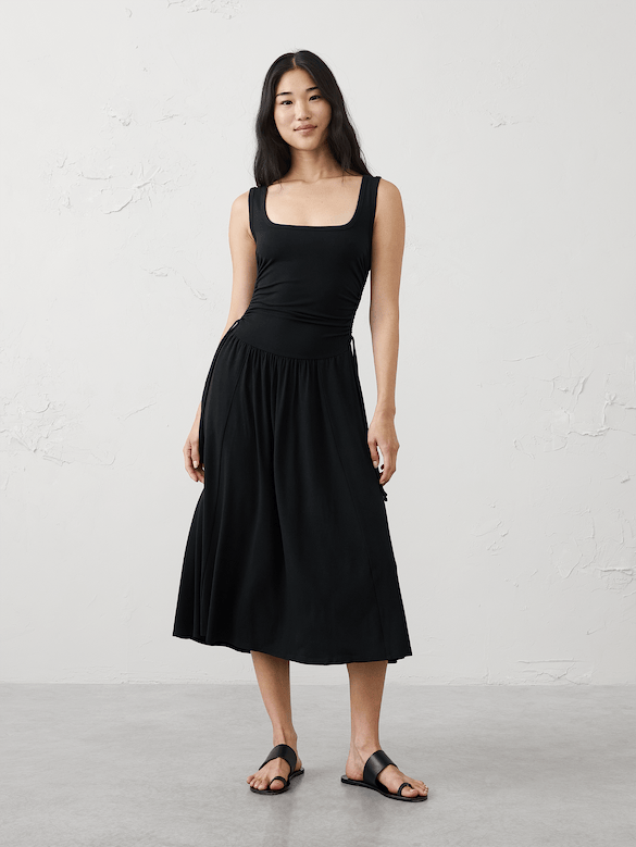 Knit Shirred-Waist Midi Dress