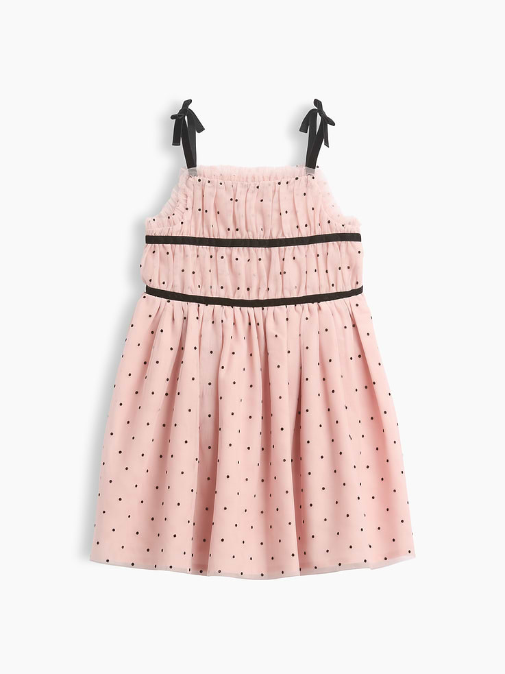 Image 1 of 2, Layered mesh tulle dress with a soft cotton lawn lining., Square neck with ruffle trim., Velvet spaghetti straps with tacked bows at top., Ruched bodice with velvet ribbon detail at front., Product #1183434