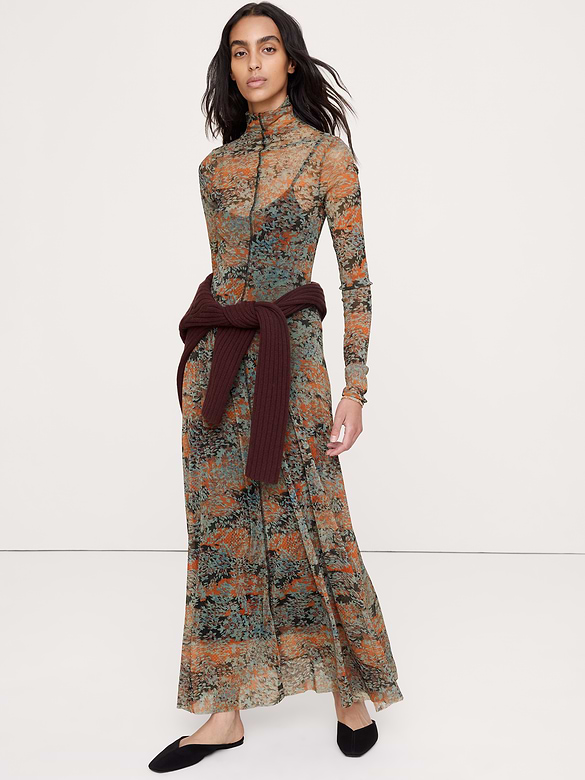 Mesh Long-Sleeve Maxi Dress