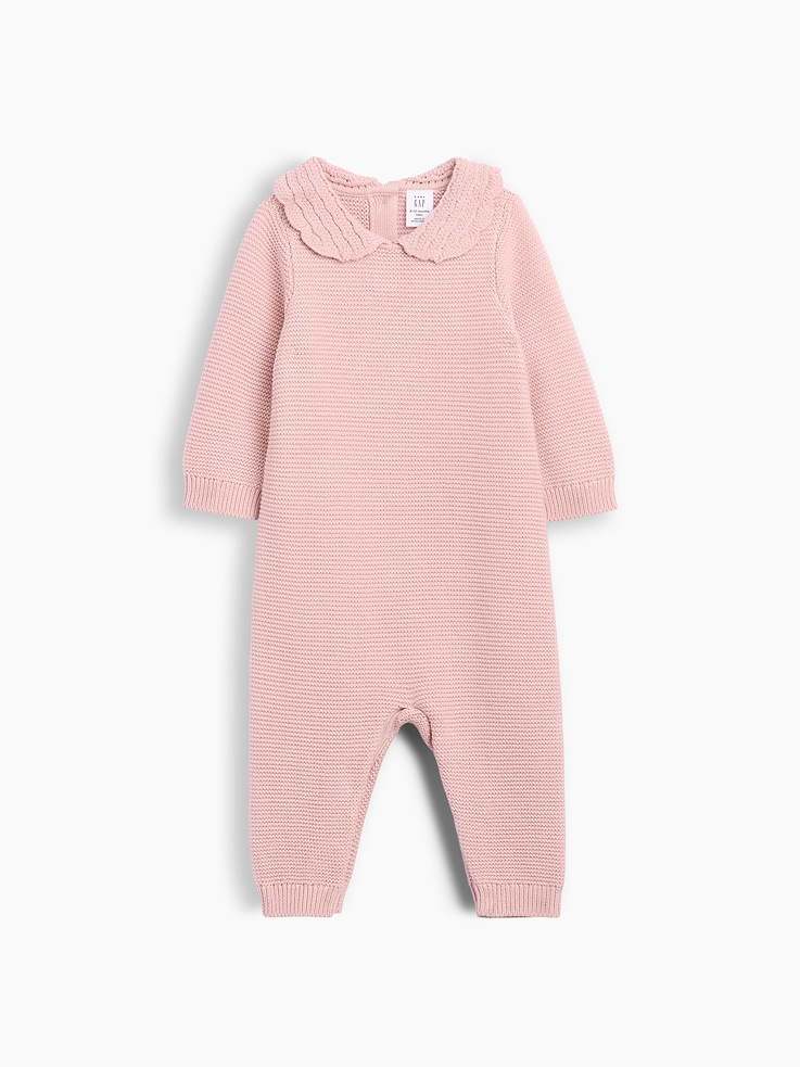 Image 1 of 2, Soft knit cotton sweater one-piece., Crochet Peter Pan collar with button placket at back., Long sleeves., Ribbed cuffs., Snaps at inseam for easy dressing and diapering., Product #908981