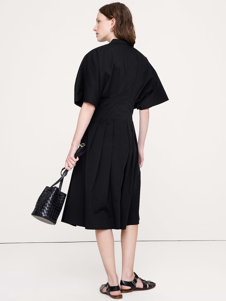 Banana Republic Women's Stretch-Cotton Pleated Midi Shirt Dress Black Petite Size S