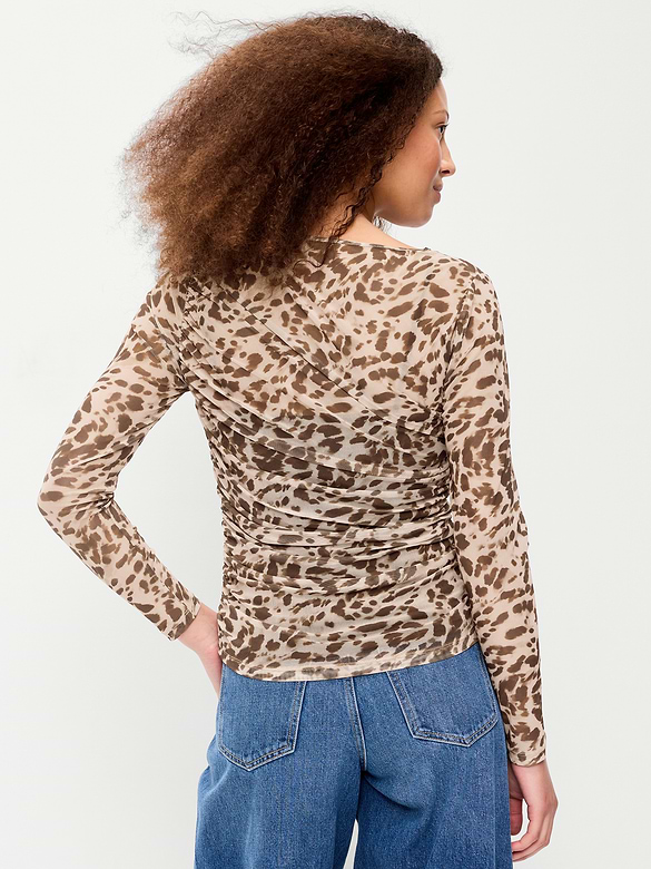 Long-Sleeve Asymmetrical Unlined Mesh Top
