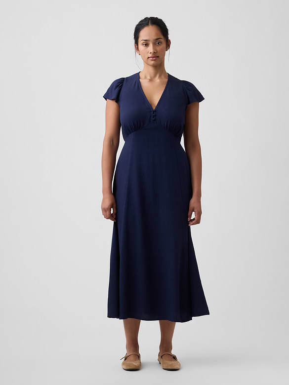 Flutter Sleeve V-Neck Midi Dress