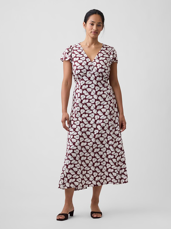 Flutter Sleeve V-Neck Midi Dress