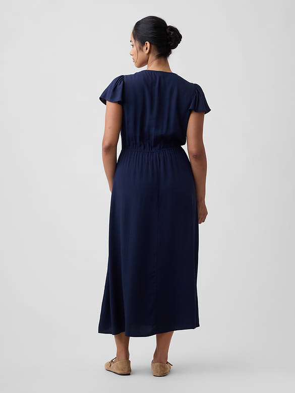 Flutter Sleeve V-Neck Midi Dress