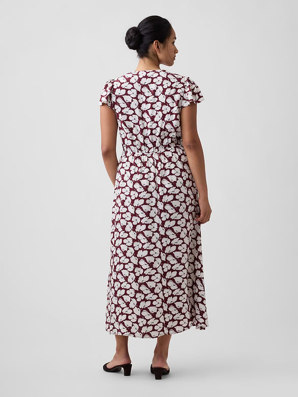 Flutter Sleeve V-Neck Midi Dress