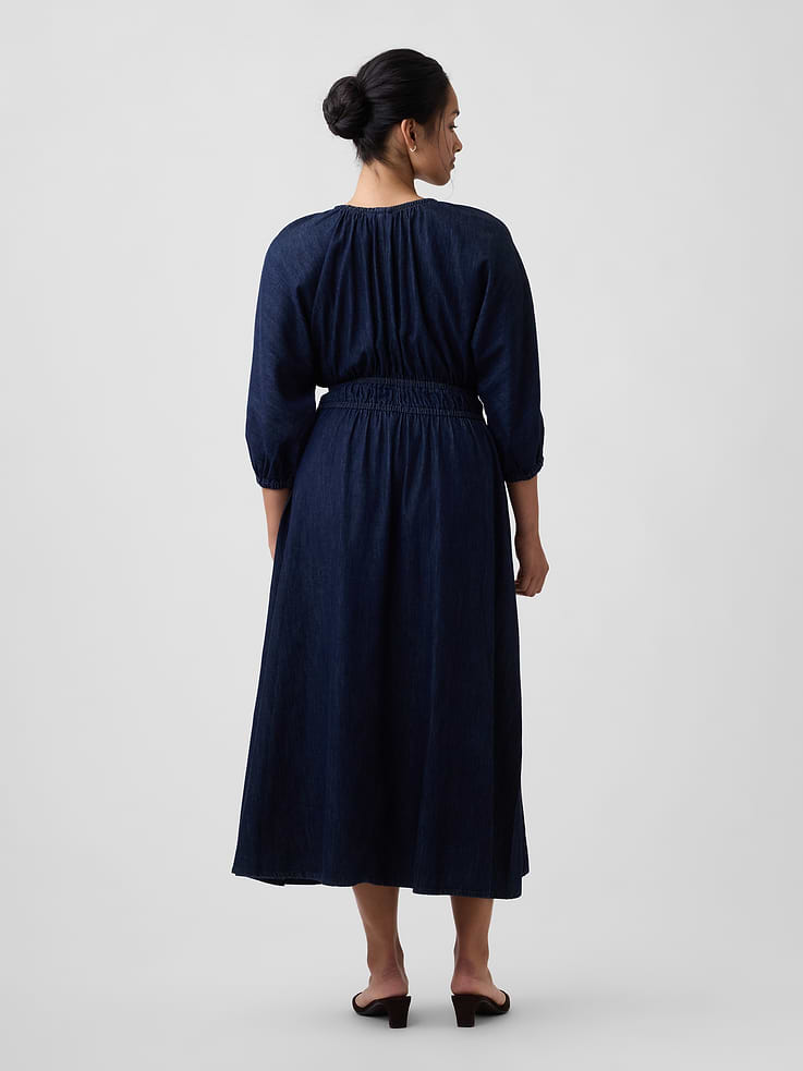 Image 5 of 6, Smocked Denim V-Neck Midi Dress