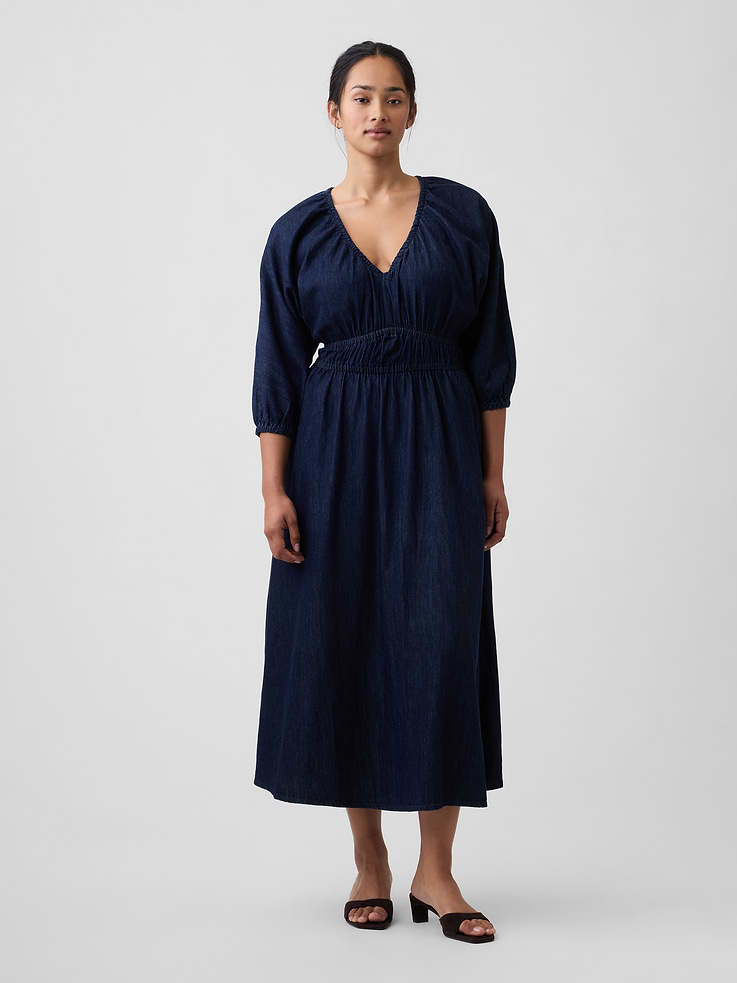 Image 4 of 6, Smocked Denim V-Neck Midi Dress
