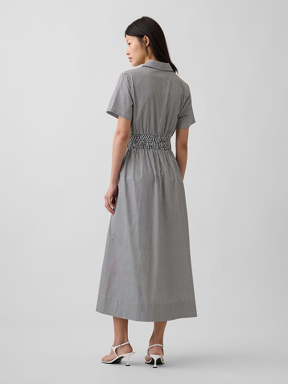 Poplin Smocked-Waist Maxi Shirtdress