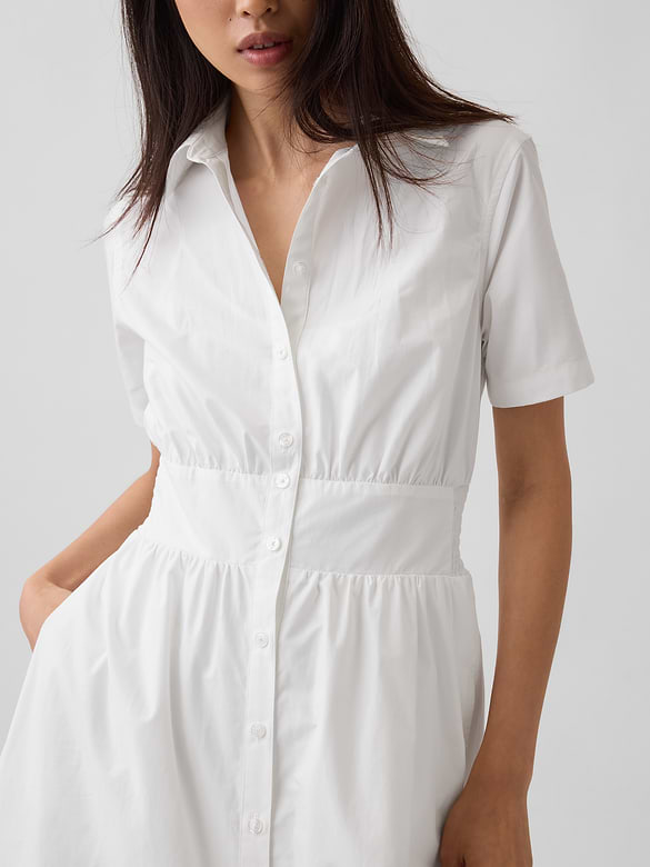 Poplin Smocked-Waist Maxi Shirtdress