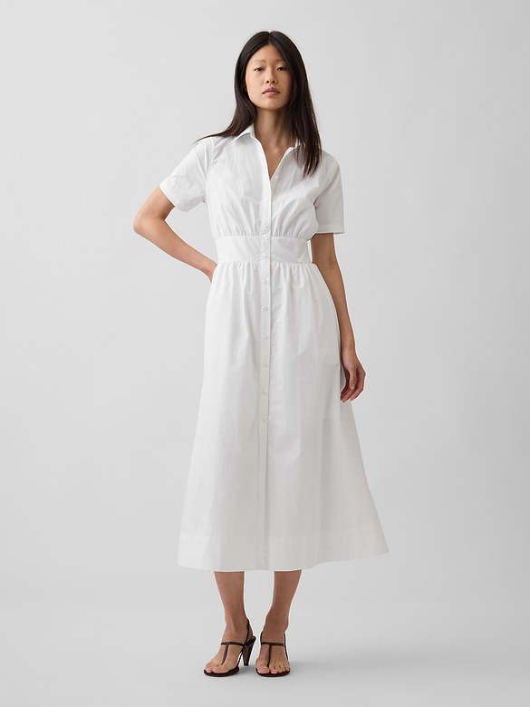 Poplin Smocked-Waist Maxi Shirtdress