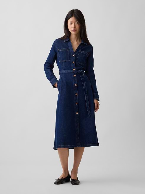 belt denim dress Tie-Belt Midi Color:Deep blue Miss Selfridge festival boho styleattribute-denim Y2k denim Hand Wash Cold