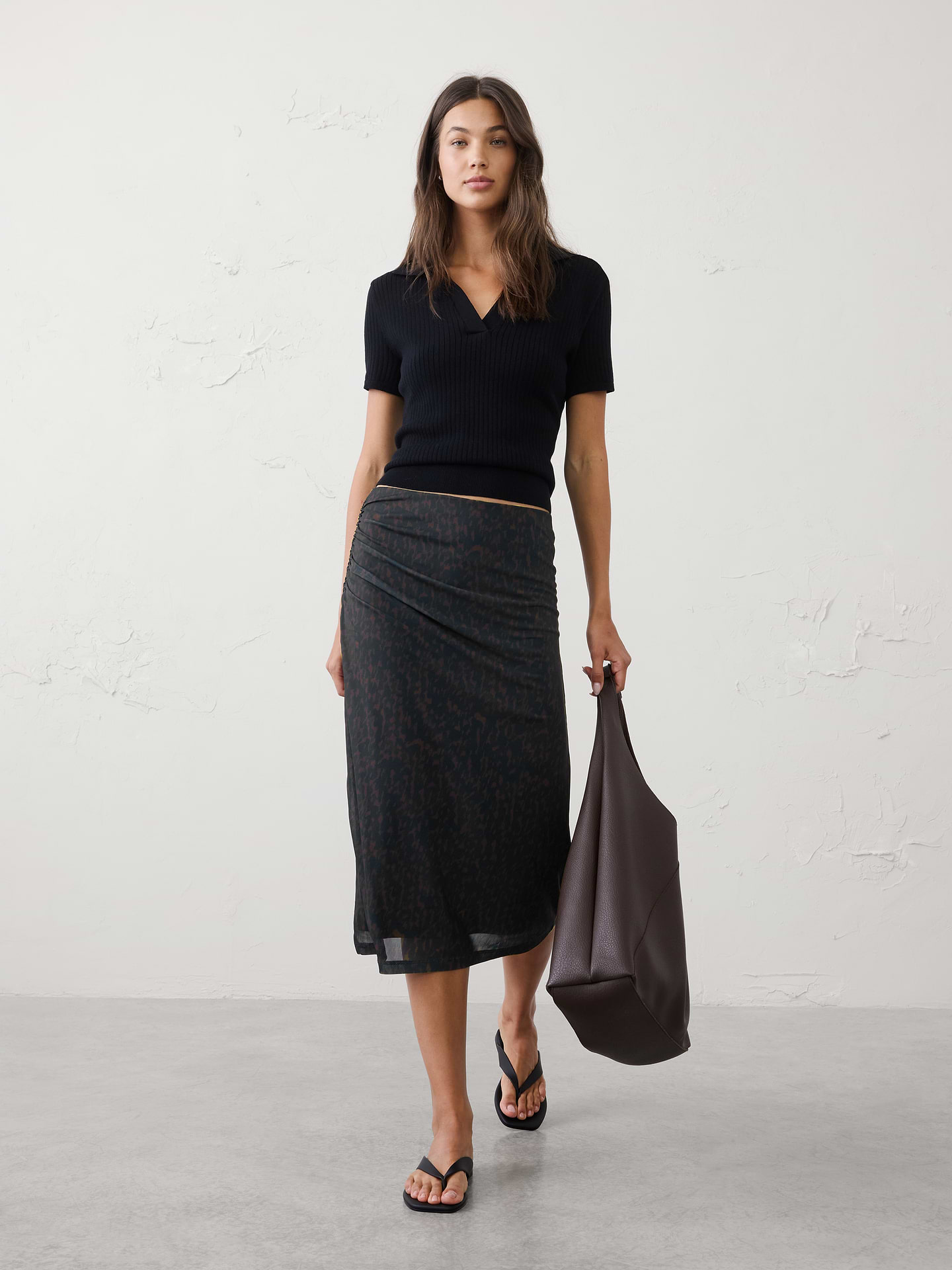 Image number 1 showing, Mesh Side-Shirred Midi Skirt