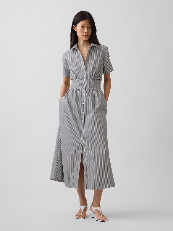 Poplin Smocked-Waist Maxi Shirtdress