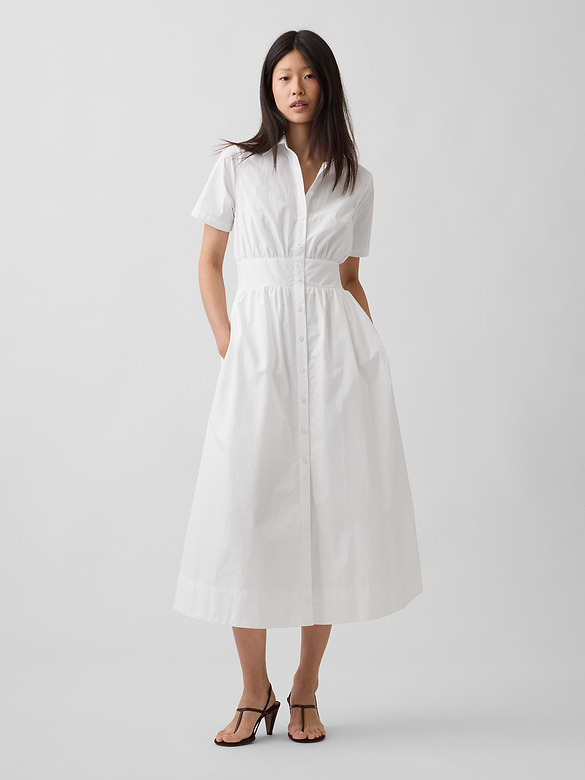 Poplin Smocked-Waist Maxi Shirtdress