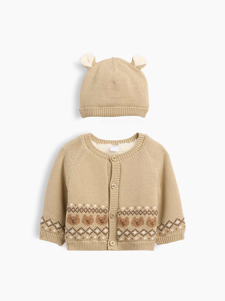 L'image numéro 1 présente Ensemble de cardigan à doublure en sherpa et bonnet pour Bébé
