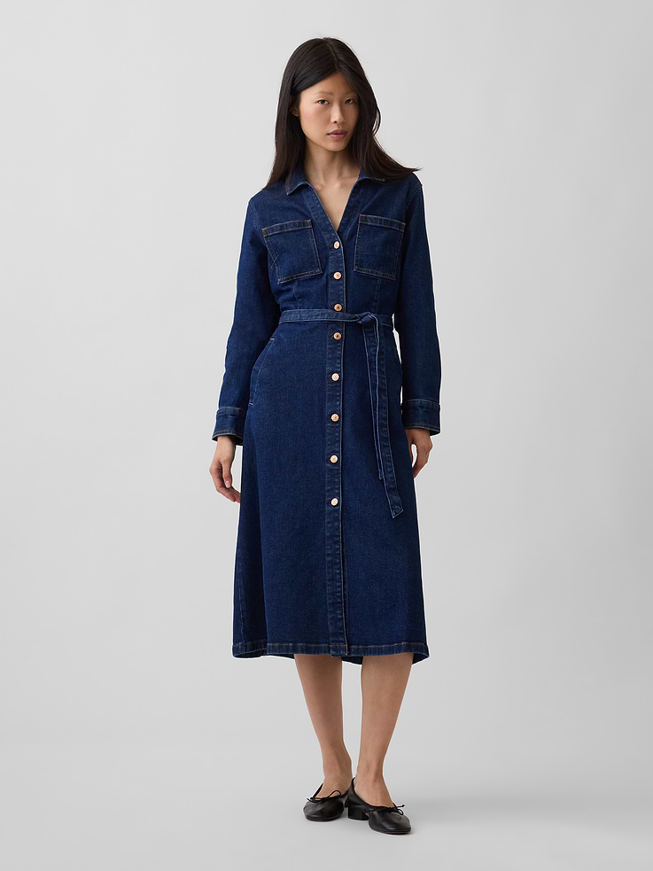 Image number 1 showing, Denim Tie-Belt Midi Dress