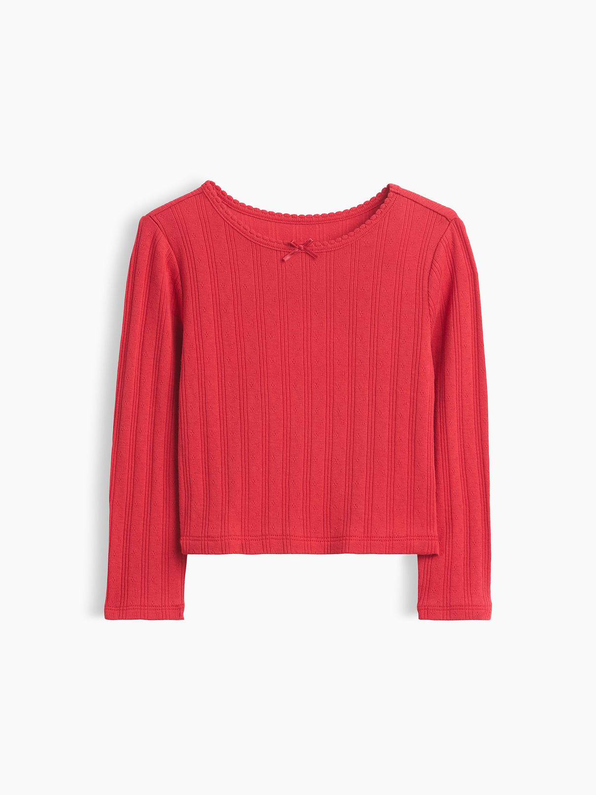 Image 1 of 2, Soft ribbed pointelle-knit cotton T-shirt., Round neckline with scalloped edge and tacked satin ribbon bow., Long sleeves., Certain styles have an allover print., Product #913034