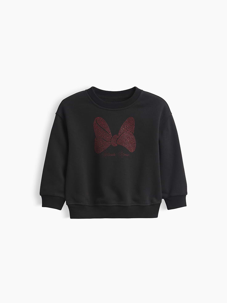 Image 1 of 3, Soft cotton-blend fleece pullover sweatshirt., Crewneck., Long sleeves with drop shoulders., Disney Minnie Mouse graphics at front., Banded rib cuffs and hem., Made with 52% Protocol cotton verified by the U.S. Cotton Trust Protocol, a program which works with farms committed to improving their environmental footprint by minimizing water usage and improving soil health (Claim No. 10127)., Made with 23% recycled polyester. Compared to virgin materials, using recycled materials helps reduce resource use and waste., Product #912879