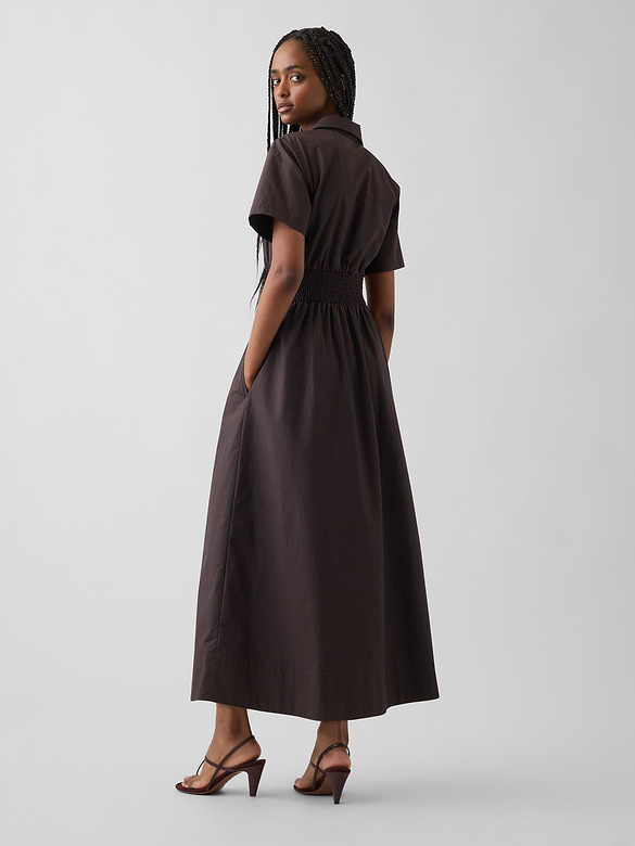 Poplin Smocked-Waist Maxi Shirtdress