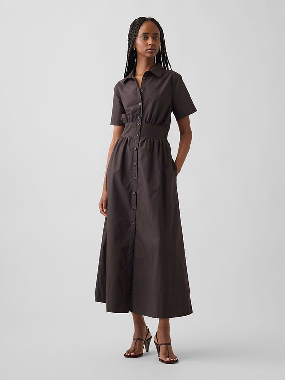 Poplin Smocked-Waist Maxi Shirtdress