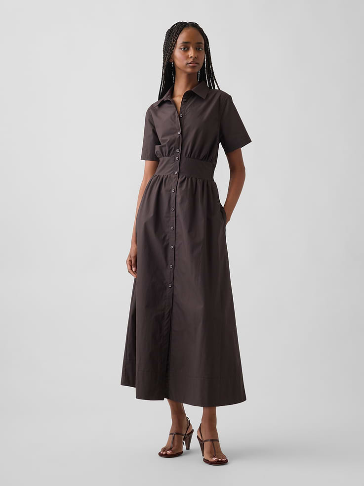 L'image numéro 1 présente Robe chemisier longue à taille smockée en popeline