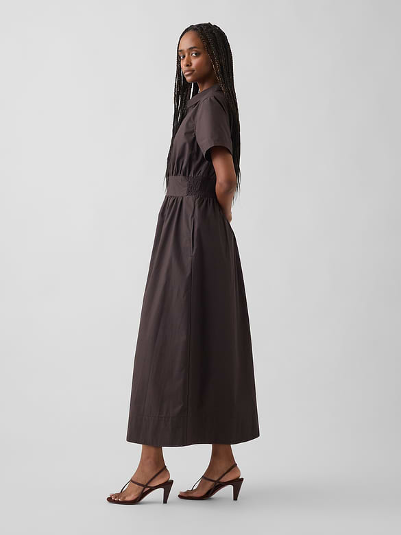 Poplin Smocked-Waist Maxi Shirtdress