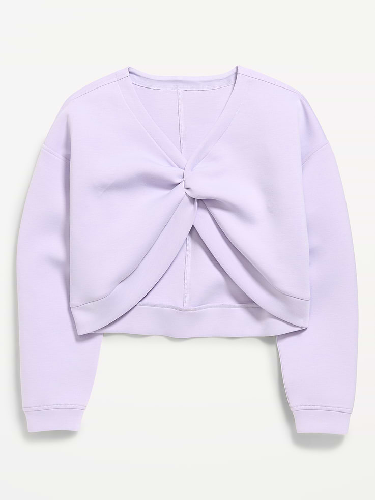 Image 1 of 2, Keep ‘em moving in Old Navy Sport's Bounce Fleece: Our signature smooth spacer fabric that keeps its shape., v neck, long wide sleeves, drop shoulders, twist-front detail, pull-over style, 4-way stretch, breathable, Product #907922