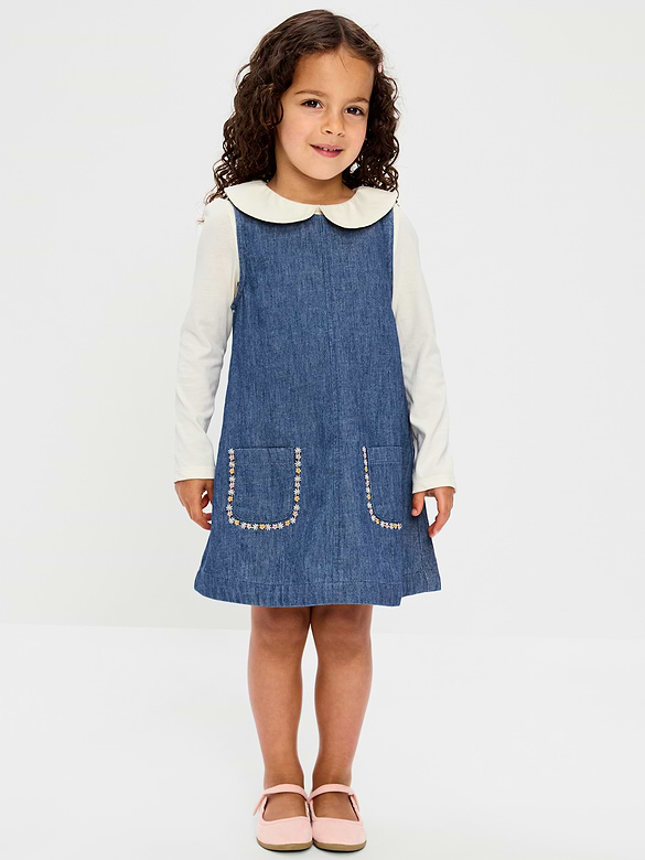 Long-Sleeve Collared Top and Dress Set for Toddler Girls