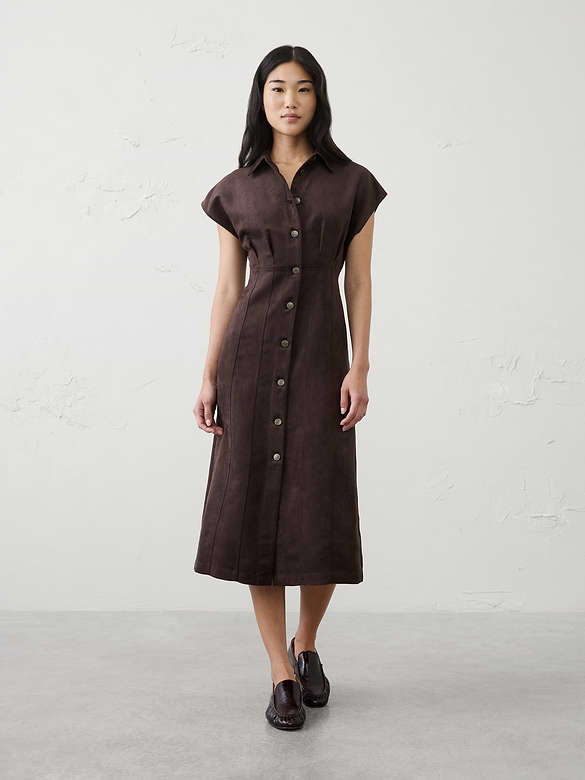 Vegan Suede Seamed Midi Shirtdress