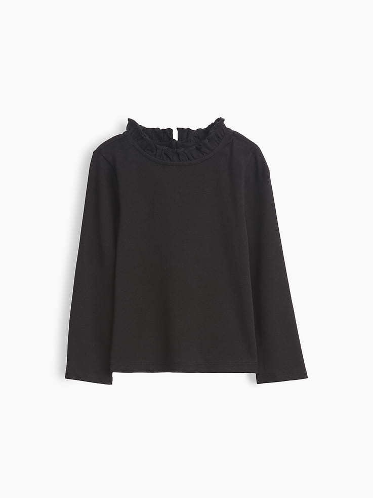 Image 1 of 2, Soft ribbed cotton top., Ruffled round neck with keyhole loop button closure at back., Long sleeves., Product #913036