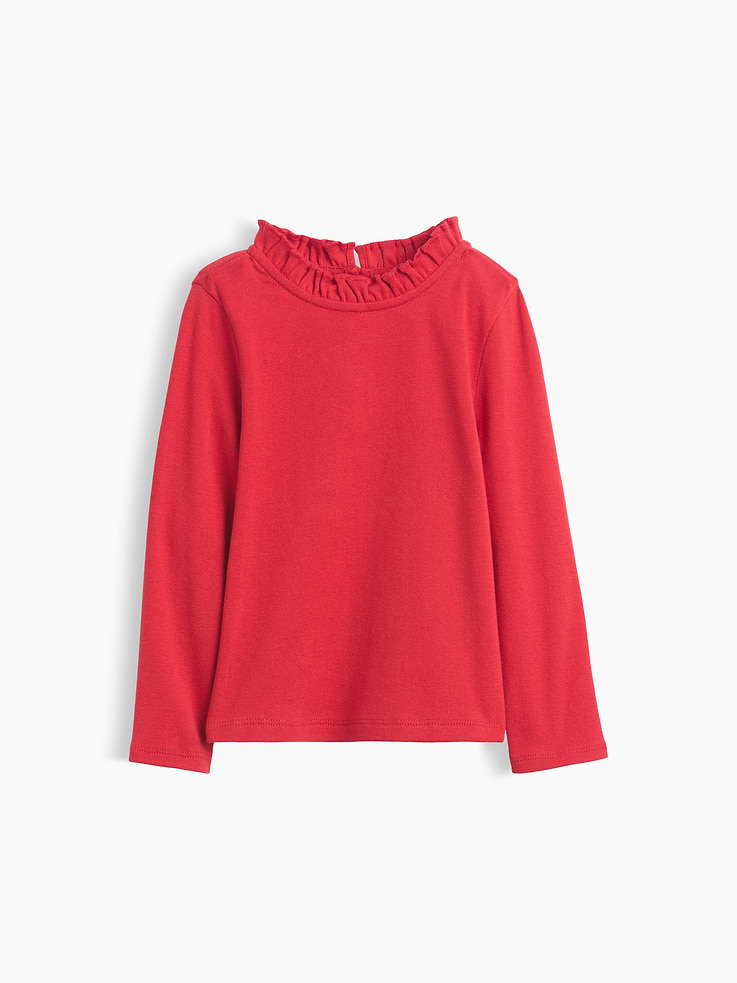 Image 1 of 2, Soft ribbed cotton top., Ruffled round neck with keyhole loop button closure at back., Long sleeves., Product #913036