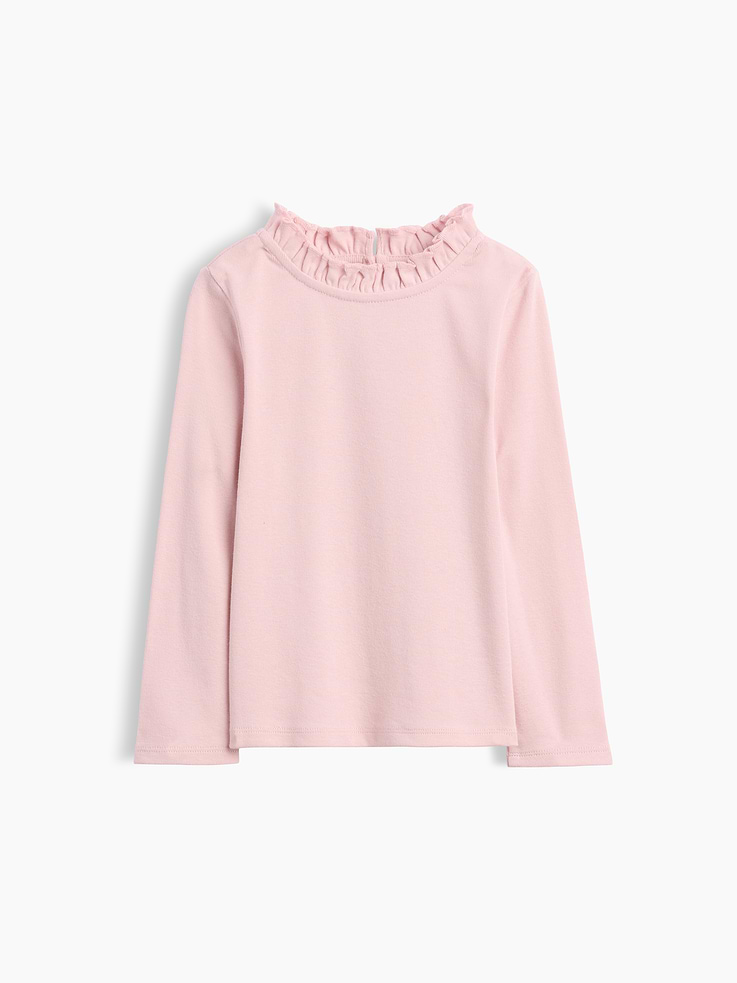 Image 1 of 2, Soft ribbed cotton top., Ruffled round neck with keyhole loop button closure at back., Long sleeves., Product #913036