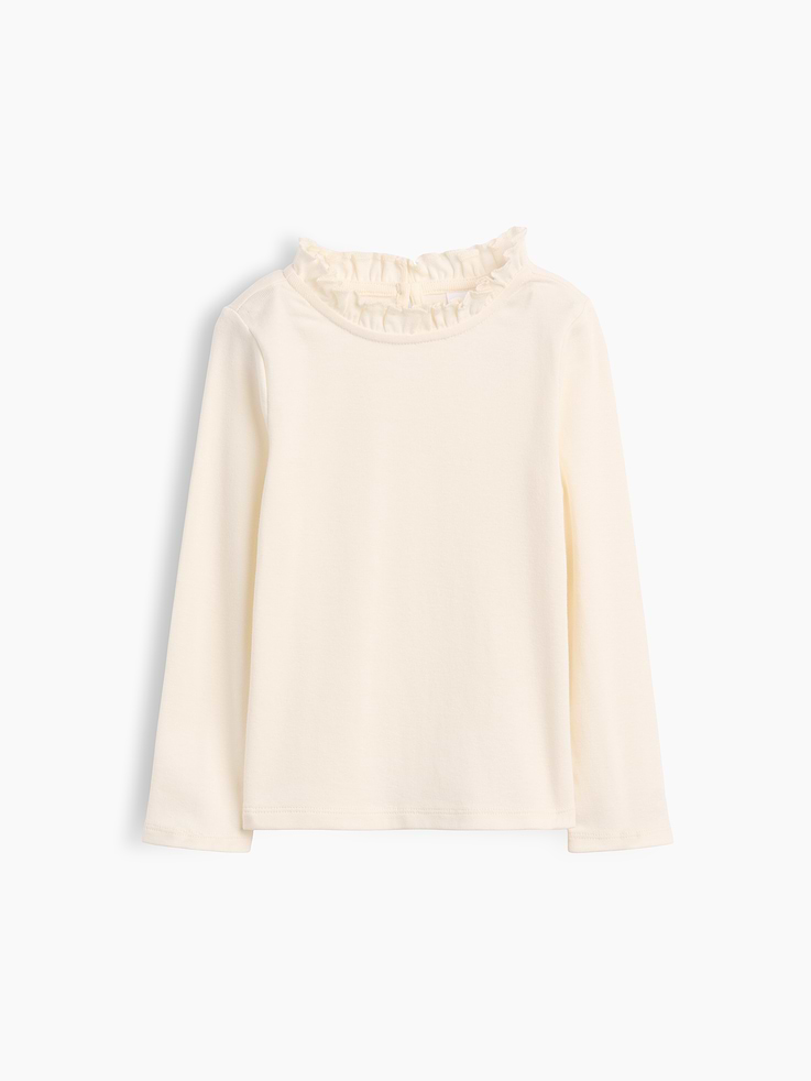 Image 1 of 2, Soft ribbed cotton top., Ruffled round neck with keyhole loop button closure at back., Long sleeves., Product #913036