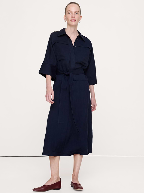 Drapey Twill Belted Midi Shirt Dress