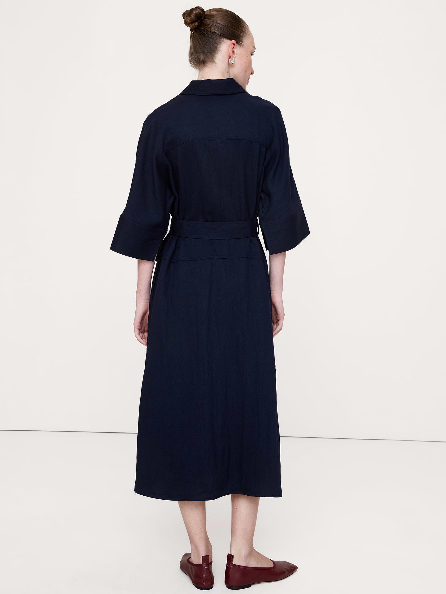 Image 3 of 4, Drapey Twill Belted Midi Shirt Dress